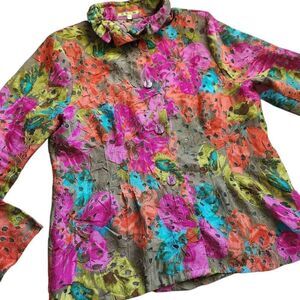 Trisha Tyler Blouse Top Womens Large Petite Floral Button Front Sheet Careerwear